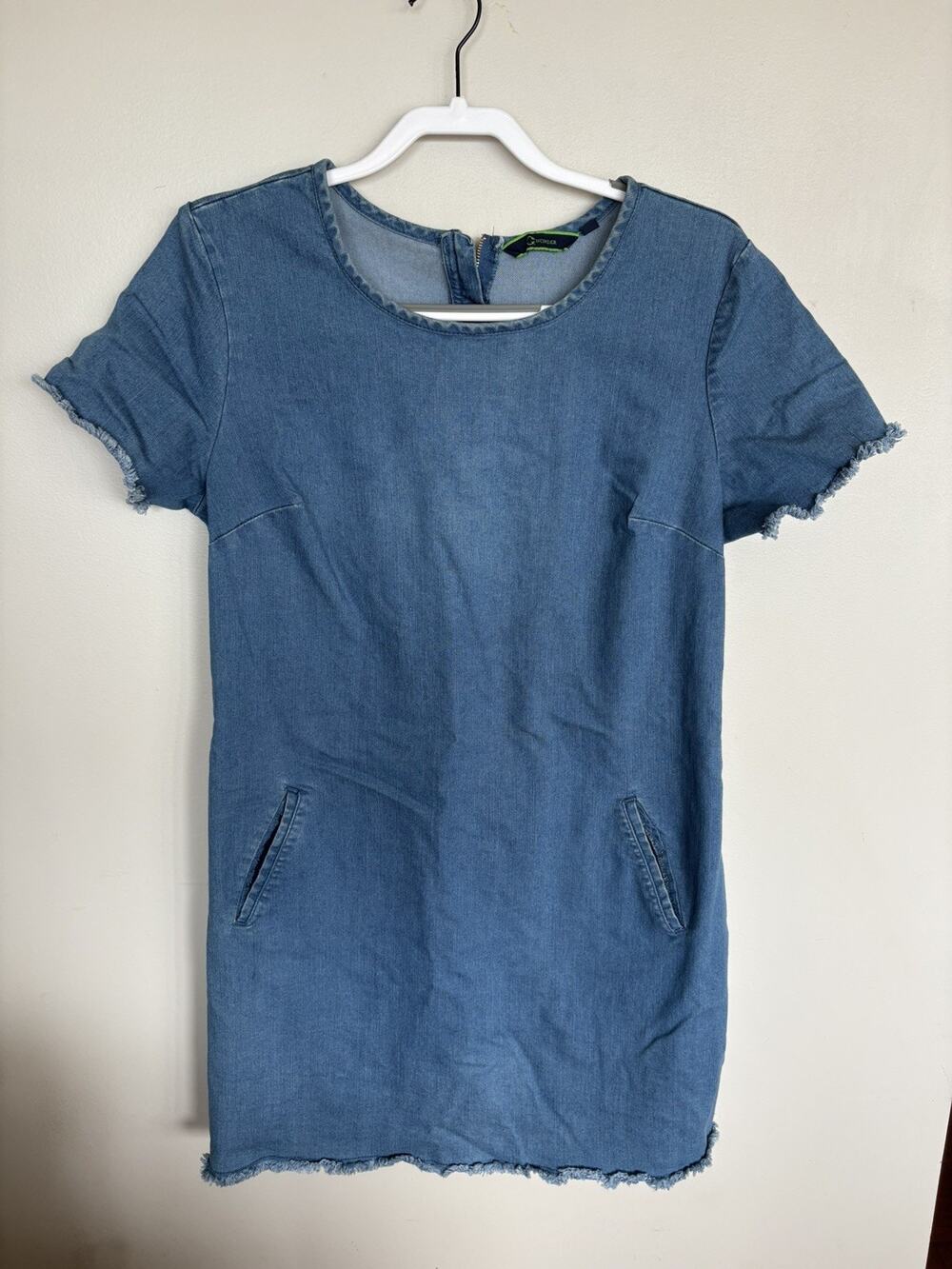 C Wonder Women's Wonder Stretch Knit Denim Dress Vintage Wash Pockets Zip Up